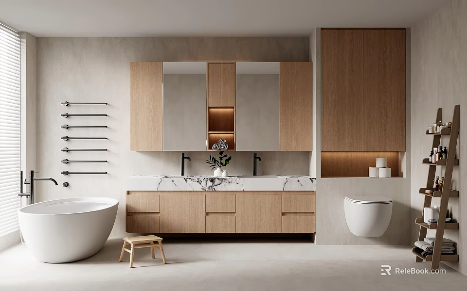 Modern Bathroom Interior With Wooden Cabinets Double Vanity And Freestanding Tub 3d model 