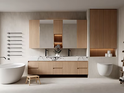 Modern Bathroom Interior With Wooden Cabinets Double Vanity And Freestanding Tub 3d model
