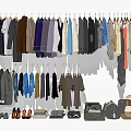 Clothes in Various Styles Hanging on Racks with Shoes and Bags Collection