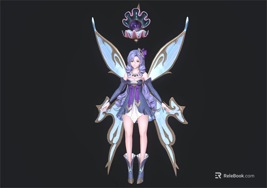 Fantasy Female Character With Purple Hair Blue Wings And Small Crown Decorated Pet Creature 3d model 