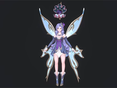Fantasy Female Character With Purple Hair Blue Wings And Small Crown Decorated Pet Creature 3d model