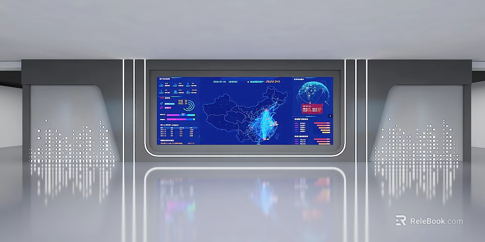Computer Screen Displaying China Map And Data Charts With Silver Frame In Modern Data Center 3d model 