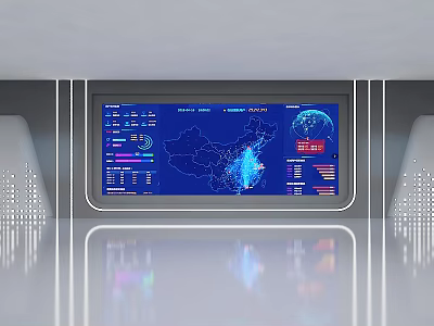 Computer Screen Displaying China Map And Data Charts With Silver Frame In Modern Data Center 3d model