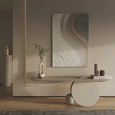 Abstract Painting With Wavy Texture In Modern Interior With Vase And Minimalist Table 3d model