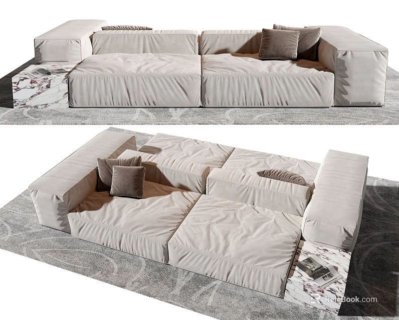 Modern Sofa Set With Modular Design Beige Upholstery Gray Cushions And Marble Accents 3d model 