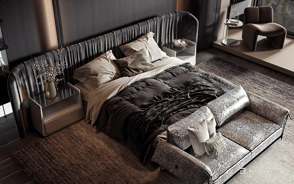Elegant Modern Double Bed With Black Headboard Gray Quilt Nightstand Vase Carpet And Bench 3d model 