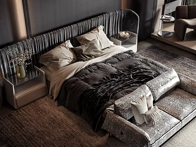 Elegant Modern Double Bed With Black Headboard Gray Quilt Nightstand Vase Carpet And Bench 3d model