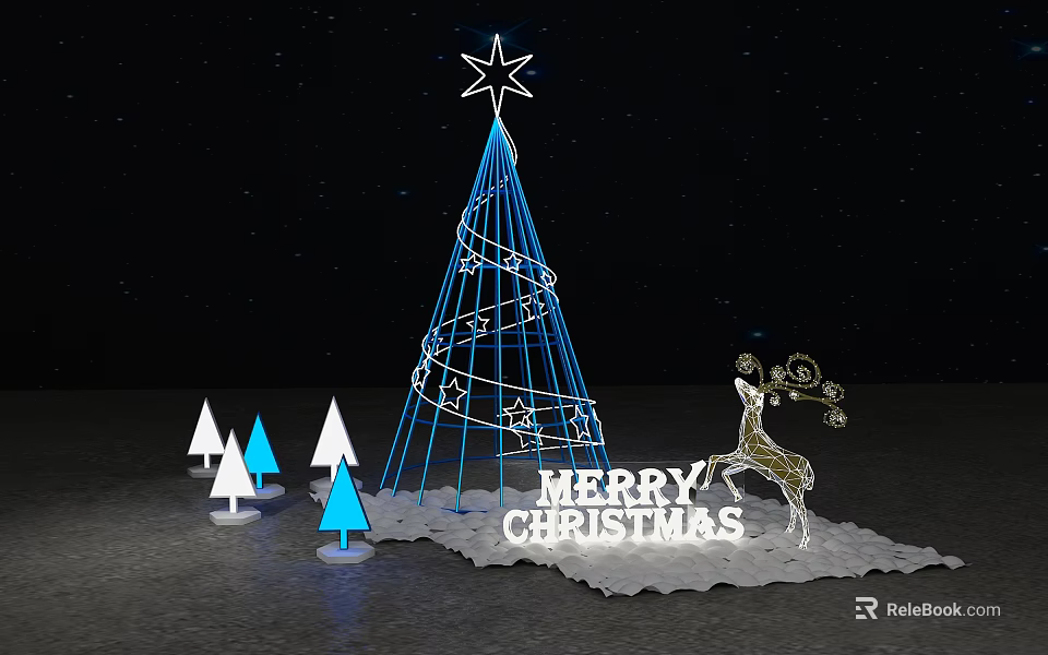 Blue Lit Christmas Tree With Star Top Reindeer Ornament Small Trees And Merry Christmas Sign 3d model 
