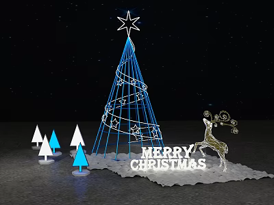 Blue Lit Christmas Tree With Star Top Reindeer Ornament Small Trees And Merry Christmas Sign 3d model