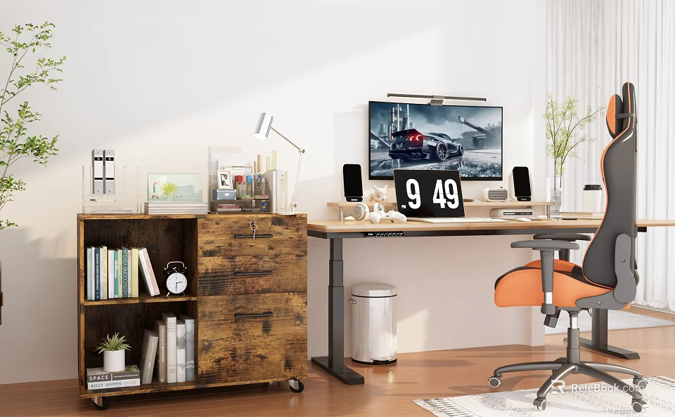 Home Office Work Desk With Bookshelf Desk Lamp Computer Monitor Orange Chair And Plant 3d model 
