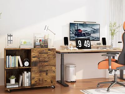 Home Office Work Desk With Bookshelf Desk Lamp Computer Monitor Orange Chair And Plant 3d model