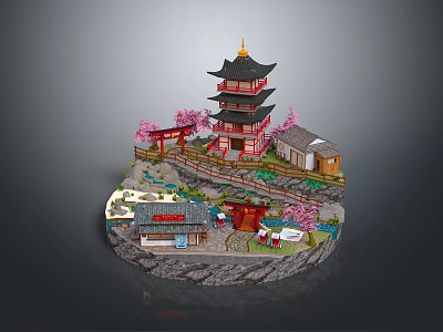 Cartoon Scene Featuring Multi Story Tower Red Torii Gate Japanese Houses And Pink Cherry Blossoms 3d model