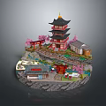 Cartoon Scene Featuring Multi Story Tower Red Torii Gate Japanese Houses And Pink Cherry Blossoms