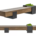 Stylish Wooden Sofa Bench With Black Metal Legs And Potted Green Plants