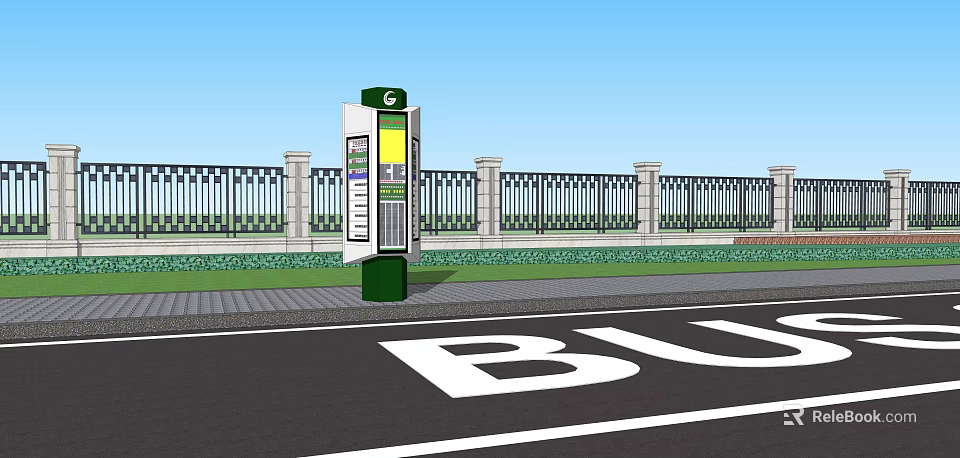 Public Bus Stop Facility With Green White Information Board Iron Fence And BUS Sign 3d model 