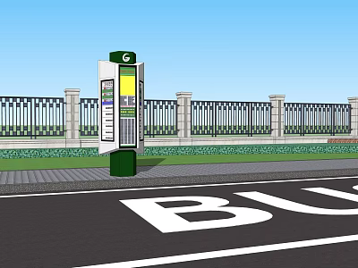 Public Bus Stop Facility With Green White Information Board Iron Fence And BUS Sign 3d model