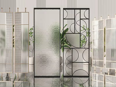 Modern Glass Room Dividers With Metal Frames Geometric Patterns And Plants Background 3d model