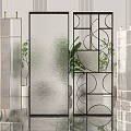 Modern Glass Room Dividers With Metal Frames Geometric Patterns And Plants Background 3d model