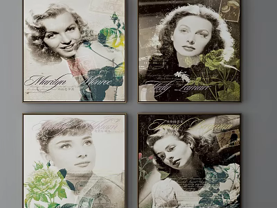 Vintage Style Female Portrait Paintings With Floral Accents And Text Details 3d model