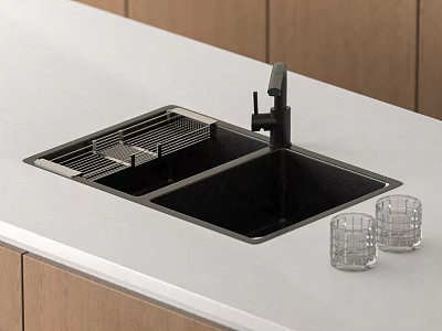 Modern Kitchen Sink With Black Faucet Draining Rack Light Countertop And Wooden Cabinets 3d model
