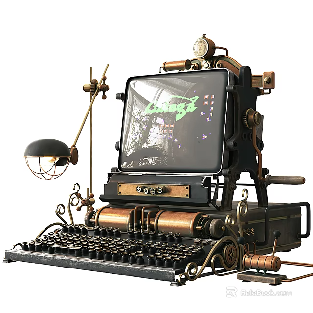 Retro Futuristic Digital Device With Mechanical Structure Modern Screen And Brass Black Metal Parts 3d model 