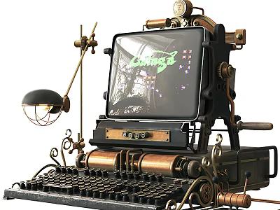 Retro Futuristic Digital Device With Mechanical Structure Modern Screen And Brass Black Metal Parts 3d model