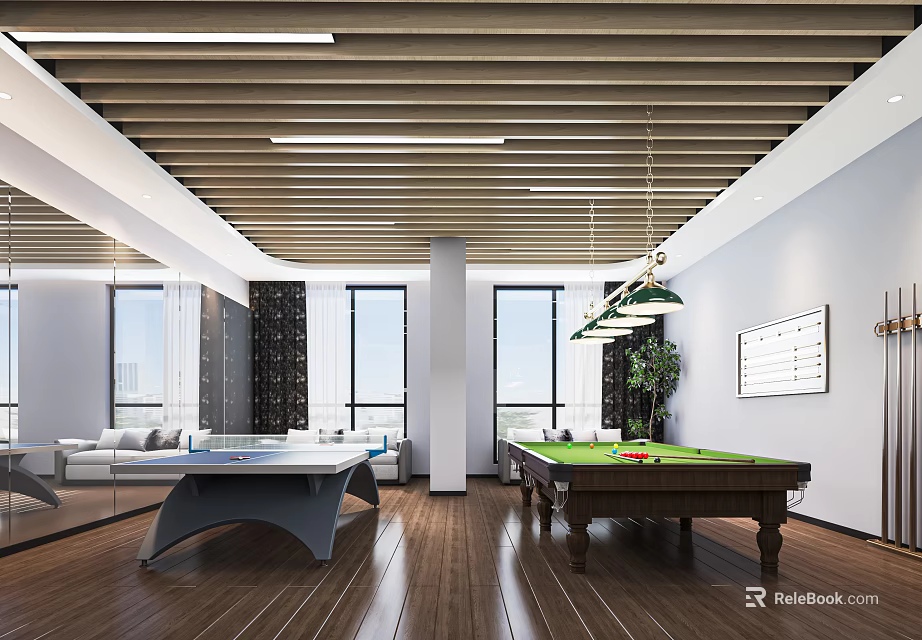 Spacious Entertainment Room With Pool Table Sofa And Large Windows 3d model