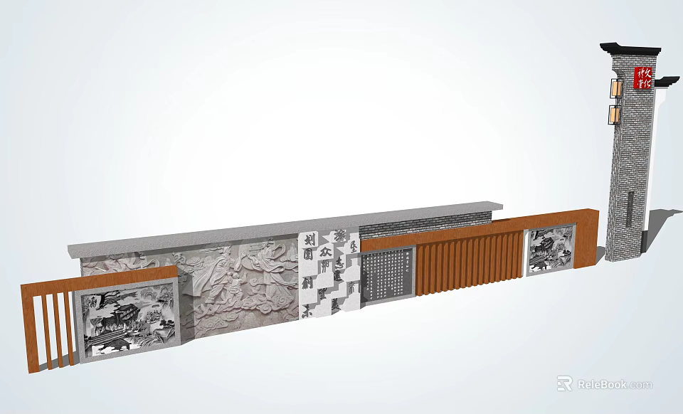 Traditional Chinese Scenic Wall Design With Relief Carvings Wooden Panels And Lattice 3d model 