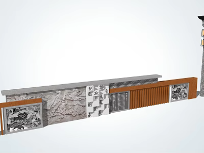 Traditional Chinese Scenic Wall Design With Relief Carvings Wooden Panels And Lattice 3d model