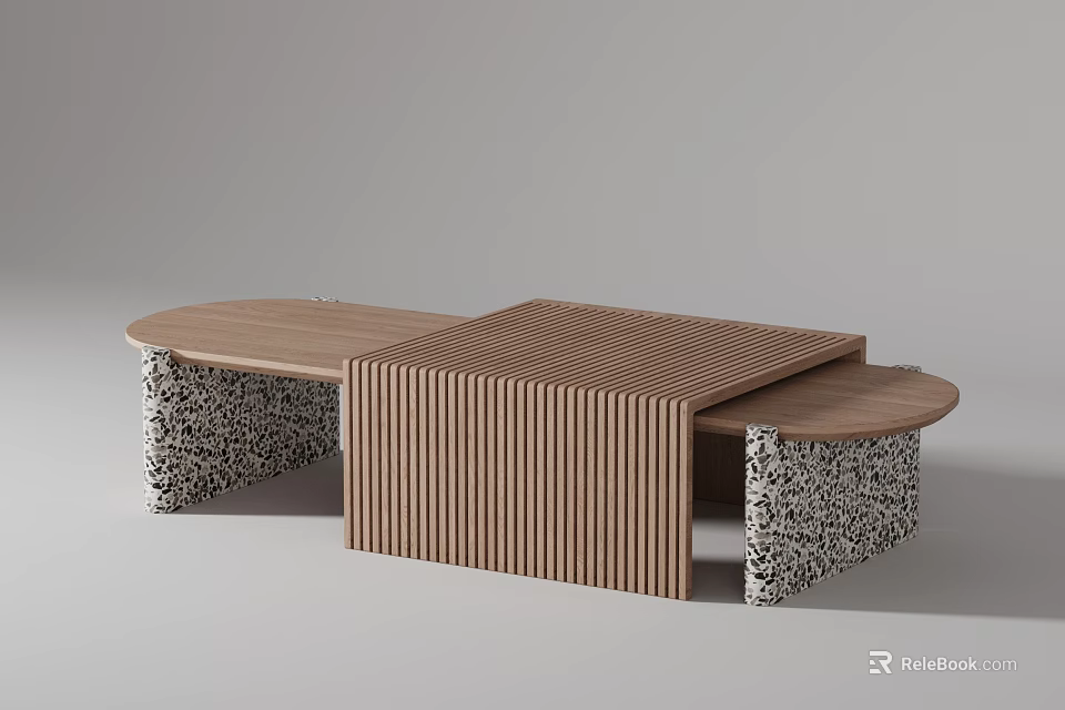 Modern Wooden Coffee Table With Striped Surface And Textured Stone Base 3d model
