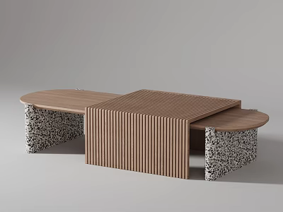 Modern Wooden Coffee Table With Striped Surface And Textured Stone Base 3d model