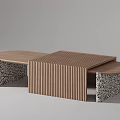 Modern Wooden Coffee Table With Striped Surface And Textured Stone Base 3d model