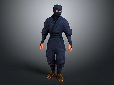 Man Dressed in Dark Ninja Costume with Masked Face Red Eyes and Brown Shoes 3d model