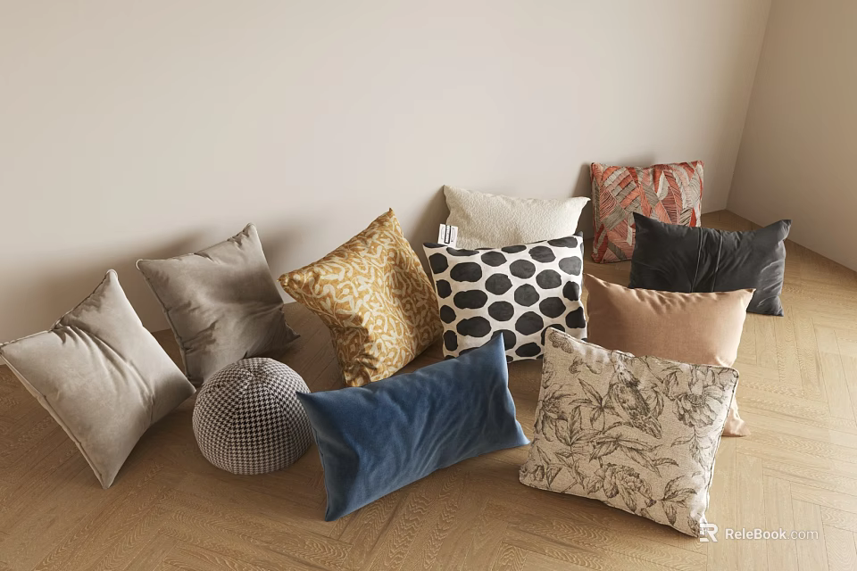Assorted Decorative Pillows With Floral Geometric Prints And Velvet Material On Wooden Floor 3d model 