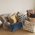 Assorted Decorative Pillows With Floral Geometric Prints And Velvet Material On Wooden Floor