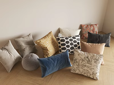 Assorted Decorative Pillows With Floral Geometric Prints And Velvet Material On Wooden Floor 3d model