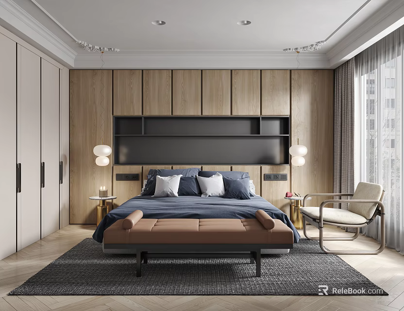 Modern Bedroom Interior With Wooden Wall Paneling Blue Bedding And Bench At Foot Of Bed 3d model 