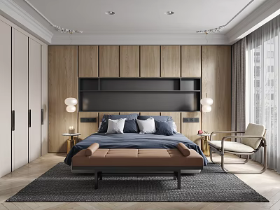 Modern Bedroom Interior With Wooden Wall Paneling Blue Bedding And Bench At Foot Of Bed 3d model