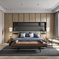 Modern Bedroom Interior With Wooden Wall Paneling Blue Bedding And Bench At Foot Of Bed