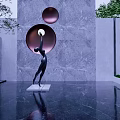 Black Sculpture Holding White Sphere By Gray Stone Wall With Circular Openings Water And Greenery