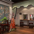 Traditional Chinese Style Mall Store Featuring Clothing Mannequins Floral Screen Decorative Lanterns And Potted Plants