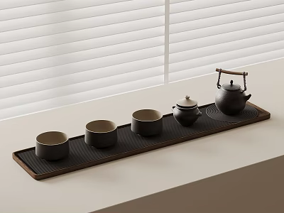 Minimalist Tea Tray Setup With Teapot And Four Cups By Window Blinds 3d model