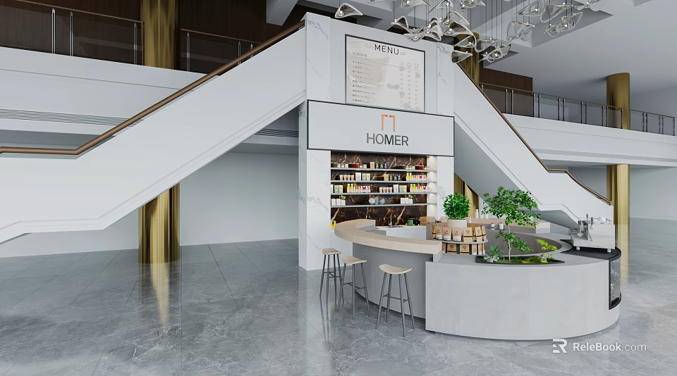 Modern Cafe Interior Design With Staircase Counter Menu Board And Green Plants 3d model 
