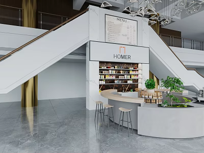 Modern Cafe Interior Design With Staircase Counter Menu Board And Green Plants 3d model