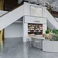 Modern Cafe Interior Design With Staircase Counter Menu Board And Green Plants
