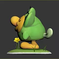 Cartoon Frog Character With Green Yellow Belly Big Eyes Wings On Base With Yellow Flower