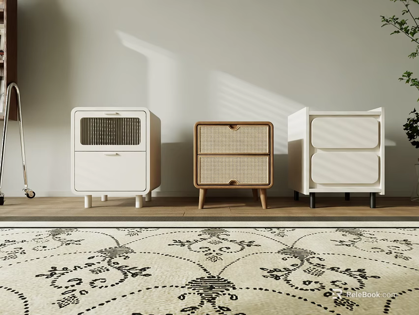 Three Modern Bedside Tables In White And Natural Wood With Rattan Panels And Storage Drawers 3d model 