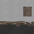 Natural Wooden Tree Stump Stools With Gray Wall And Wooden Panel Decor