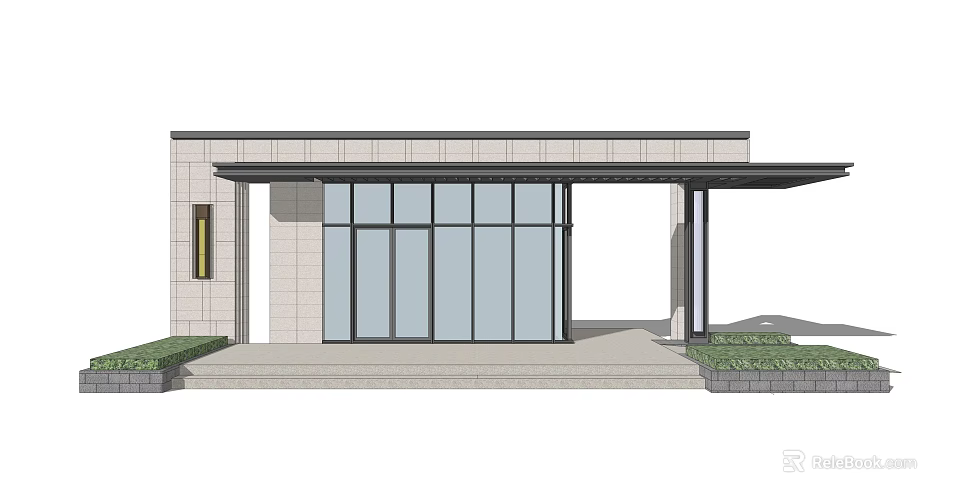 Modern Entrance Gate With Glass Door Stone Wall Eave Steps And Greenery 3d model 
