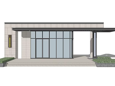 Modern Entrance Gate With Glass Door Stone Wall Eave Steps And Greenery 3d model